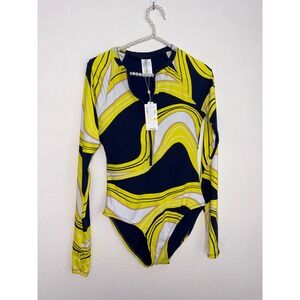 Trina Turk One Piece Swimsuit  Medium Yellow Navy NEW Long Sleeve Rash Guard